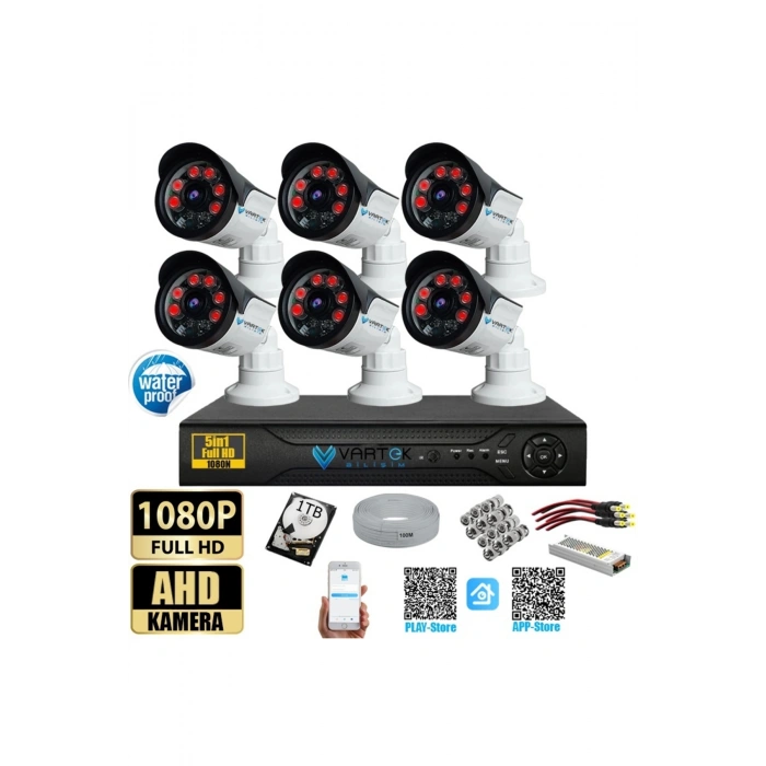 6 Kameralı Set 1000 Gb Hdd Full Hd Gece Görüşlü Güvenlik Kamerası Sistemi-Sabit İp Gerektirmez-