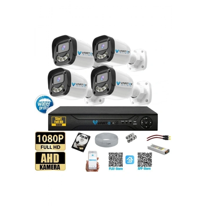 4 Kameralı Full HD Güvenlik Kamera Seti 250GB HDD 5MP Gece (Renkli) Görüşlü - Sabit IP Gerektirmez