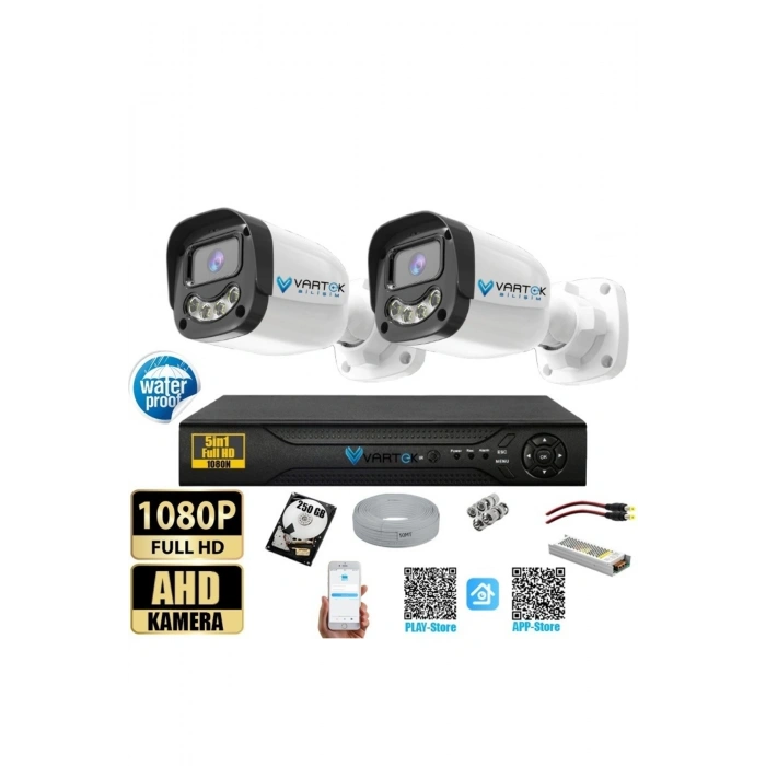 2 Kameralı 250GB-5MP Gece Renkli Gülen Yüz 1080P FULLHD Kamera Set-Su Gecirmez-Sabit İP Gerektirmez