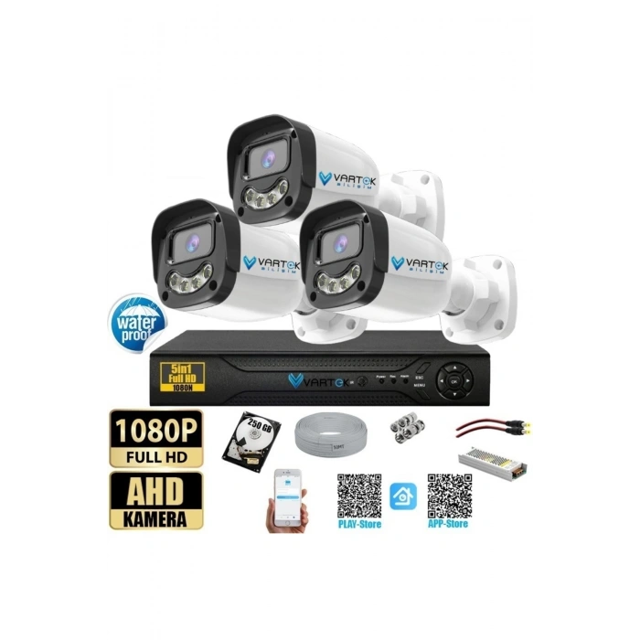 3 Kameralı Full HD Güvenlik Kamera Seti 250GB HDD 5MP Gece (Renkli) Görüşlü - Sabit IP Gerektirmez