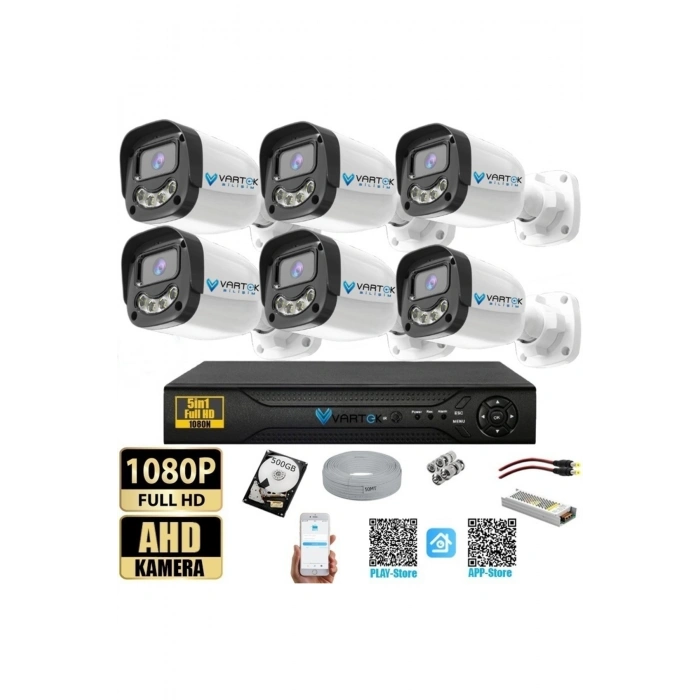 6 Kameralı Full HD Güvenlik Kamera Seti 500GB HDD 5MP Gece (Renkli) Görüşlü - Sabit IP Gerektirmez