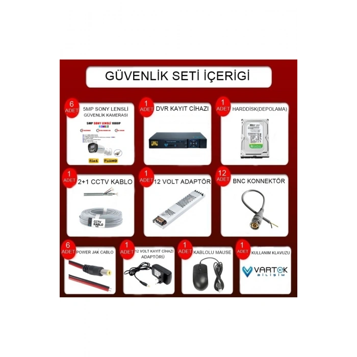 6 Kameralı Full HD Güvenlik Kamera Seti 500GB HDD 5MP Gece (Renkli) Görüşlü - Sabit IP Gerektirmez