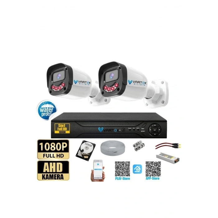 2 Kameralı Full HD Güvenlik Kamera Seti 320 GB HDD 5MP Gece Görüşlü (Siyah-Beyaz) Sabit İp Gerekmez