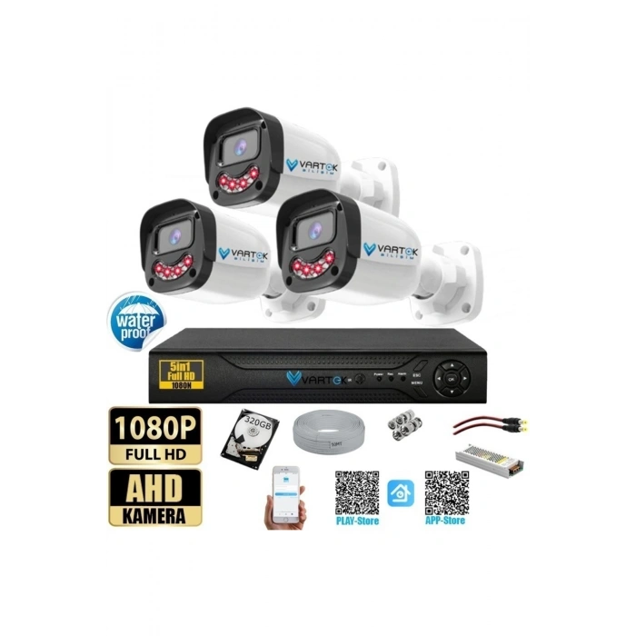 3 Kameralı Full HD Güvenlik Kamera Seti 320 GB HDD 5MP Gece Görüşlü (Siyah-Beyaz) Sabit İp Gerekmez