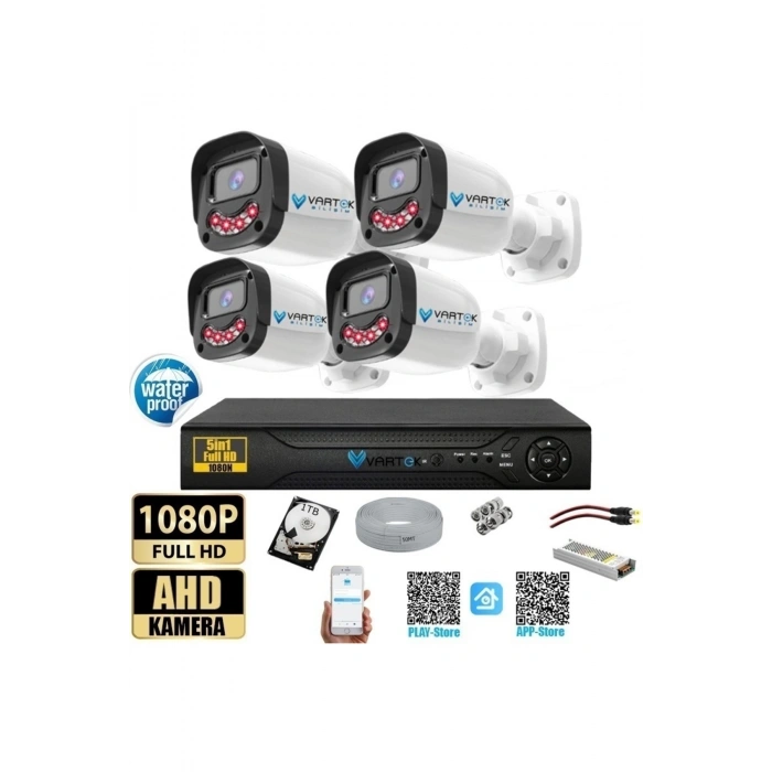 4 Kameralı 1000GB-5MP Gece Görüşlü Gülen Yüz 1080P FULLHD Kamera Set-Su Gecirmez-Sabit İP Gerekmez