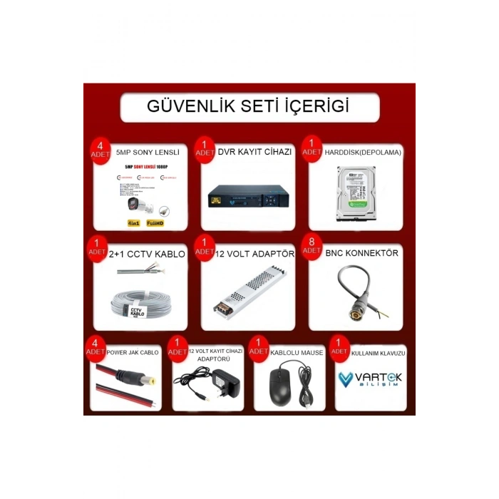 4 Kameralı 1000GB-5MP Gece Görüşlü Gülen Yüz 1080P FULLHD Kamera Set-Su Gecirmez-Sabit İP Gerekmez