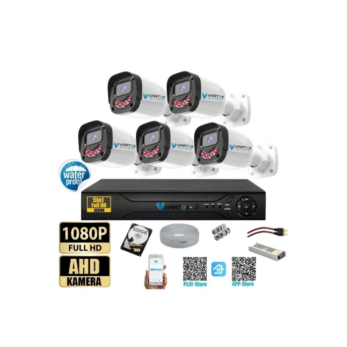 5 Kameralı 500GB-5MP Gece Görüşlü Gülen Yüz 1080P FULLHD Kamera Set-Su Gecirmez-Sabit İP Gerektirmez