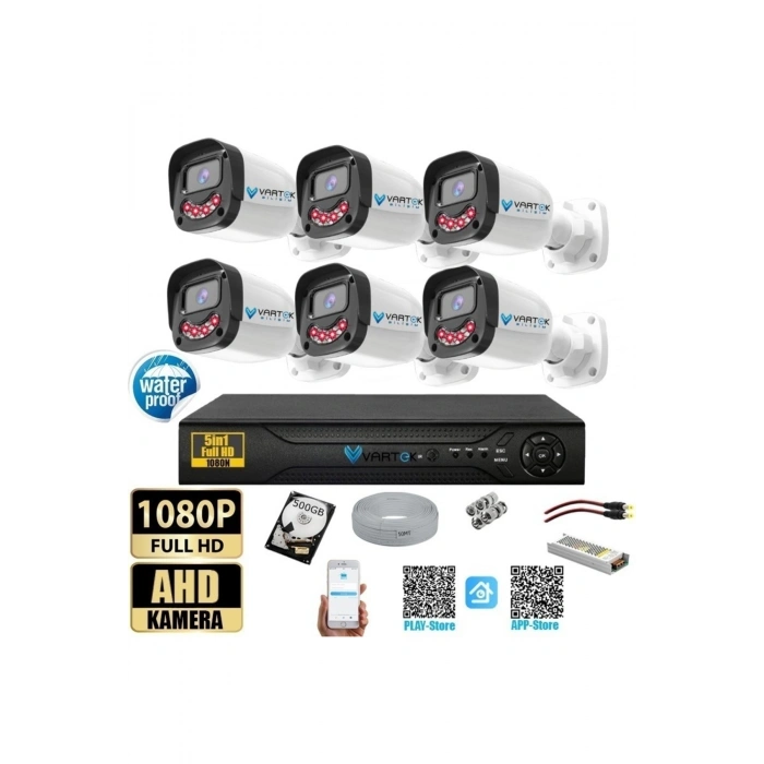 6 Kameralı Full HD Güvenlik Kamera Seti 500 GB HDD 5MP Gece Görüşlü (Siyah-Beyaz) Sabit İp Gerekmez