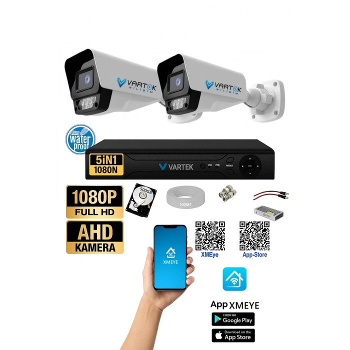 2 Kameralı AHD Full HD 9 LED 5MP Kamera Seti - 500GB HDD Dahil Gece (Renkli) Görüş