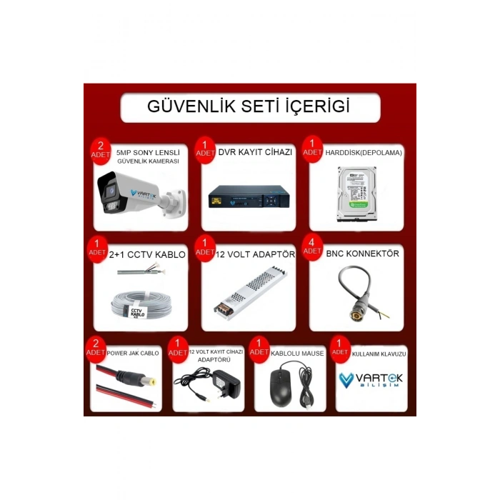 2 Kameralı AHD Full HD 9 LED 5MP Kamera Seti - 500GB HDD Dahil Gece (Renkli) Görüş