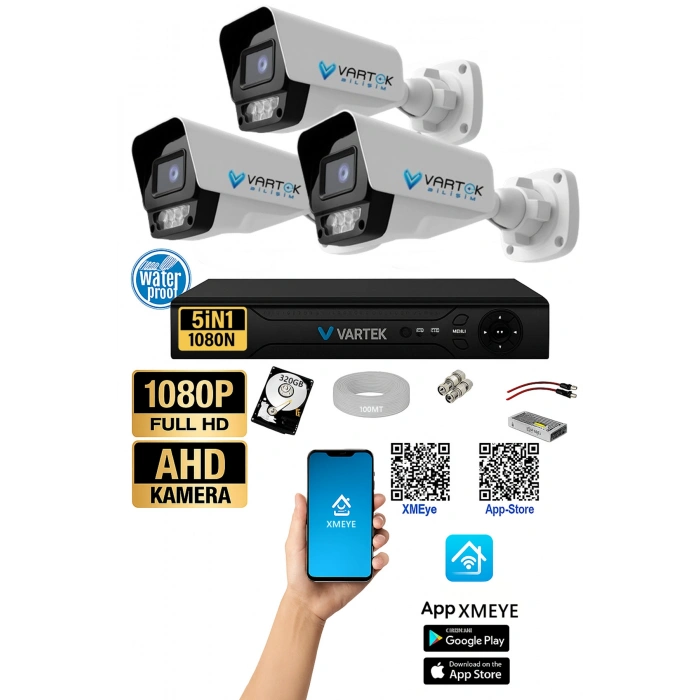 3 Kameralı AHD Full HD 9 LED 5MP Kamera Seti - 320GB HDD Dahil Gece (Renkli) Görüş