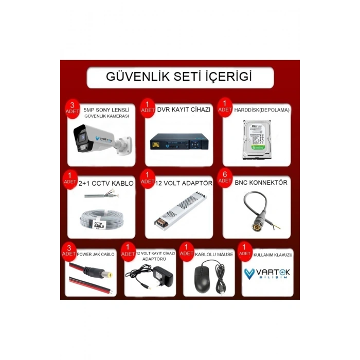 3 Kameralı AHD Full HD 9 LED 5MP Kamera Seti - 320GB HDD Dahil Gece (Renkli) Görüş
