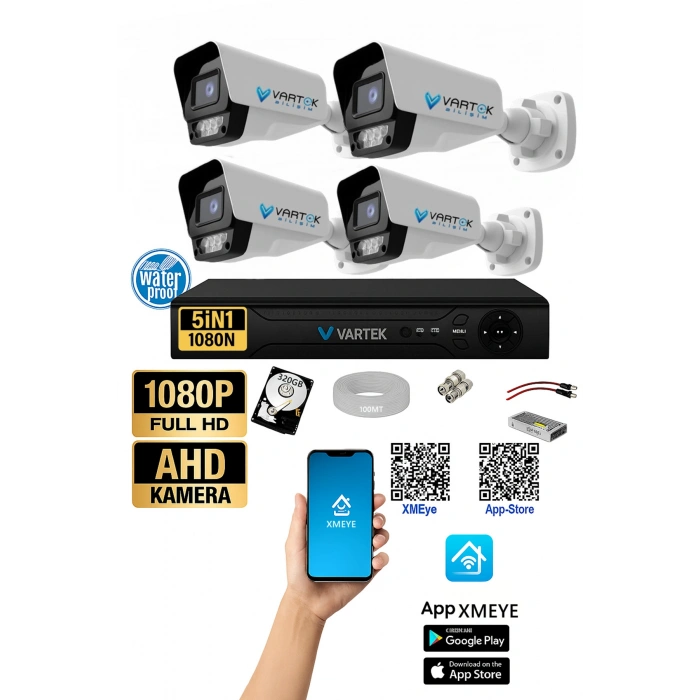 4 Kameralı AHD Full HD 9 LED 5MP Kamera Seti - 320GB HDD Dahil Gece (Renkli) Görüş