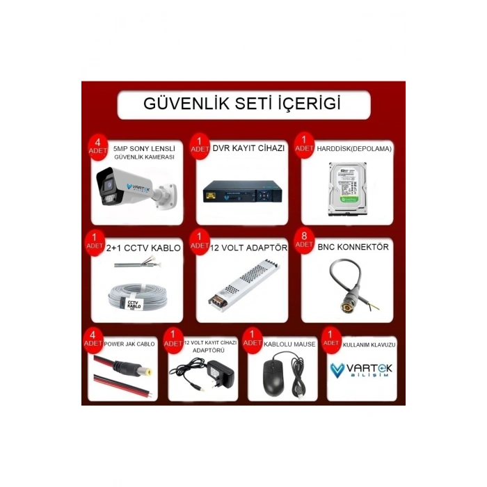4 Kameralı AHD Full HD 9 LED 5MP Kamera Seti - 320GB HDD Dahil Gece (Renkli) Görüş