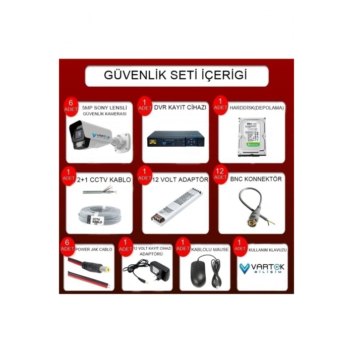 6 Kameralı AHD Full HD 9 LED 5MP Kamera Seti - 320GB HDD Dahil Gece (Renkli) Görüş