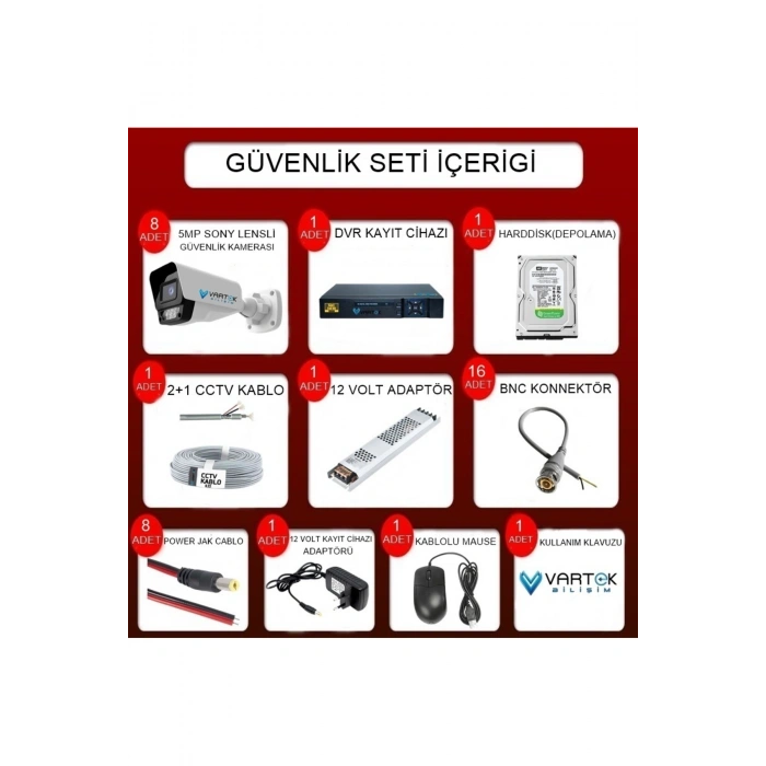 8 Kameralı AHD Full HD 9 LED 5MP Kamera Seti - 1TB HDD Dahil Gece (Renkli) Görüş