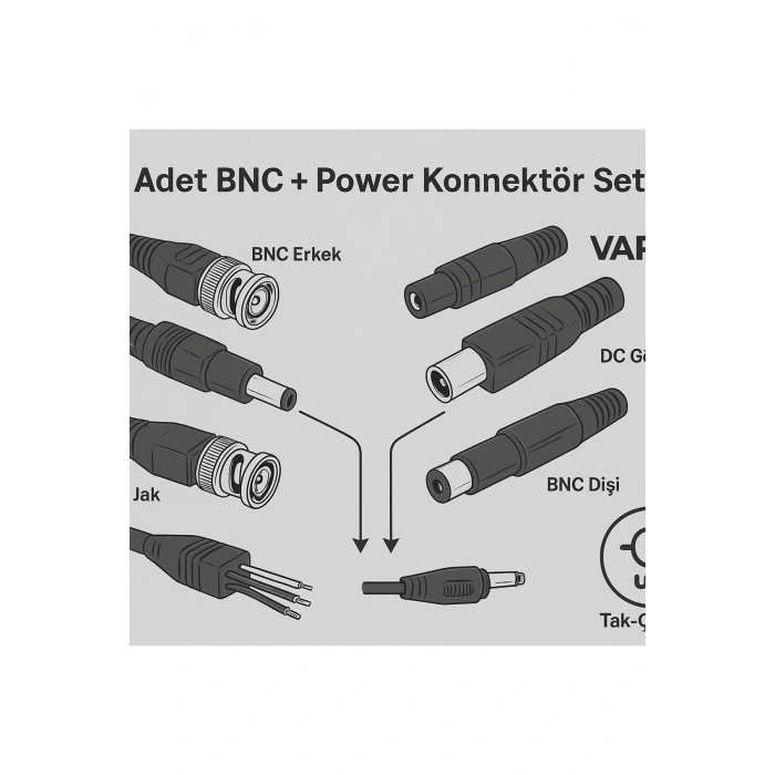 50 Adet BNC + Power Konnektör Seti – CCTV Güvenlik Kamerası İçin Tak Çalıştır Bağlantı Uçları