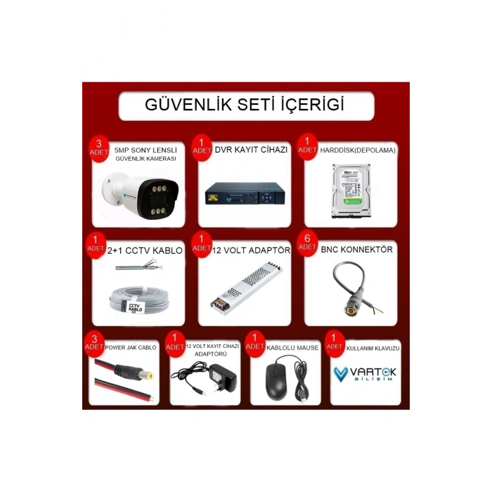 3 Kameralı 5MP Full HD Gece Renkli Güvenlik Seti (320 GB HDD)