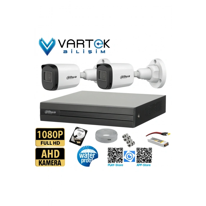 2 Kameralı Full HD 1080P AHD Kayıt Seti + 320GB Hard Disk – İç Dış Mekan Uyumlu