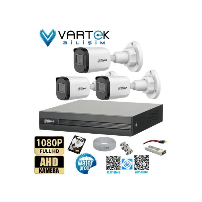 3 Kameralı Full HD 1080P AHD Kayıt Seti + 250GB Hard Disk – İç Dış Mekan Uyumlu