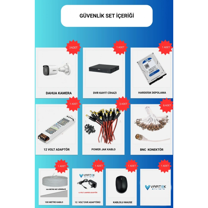 3 Kameralı Full HD 1080P AHD Kayıt Seti + 250GB Hard Disk – İç Dış Mekan Uyumlu