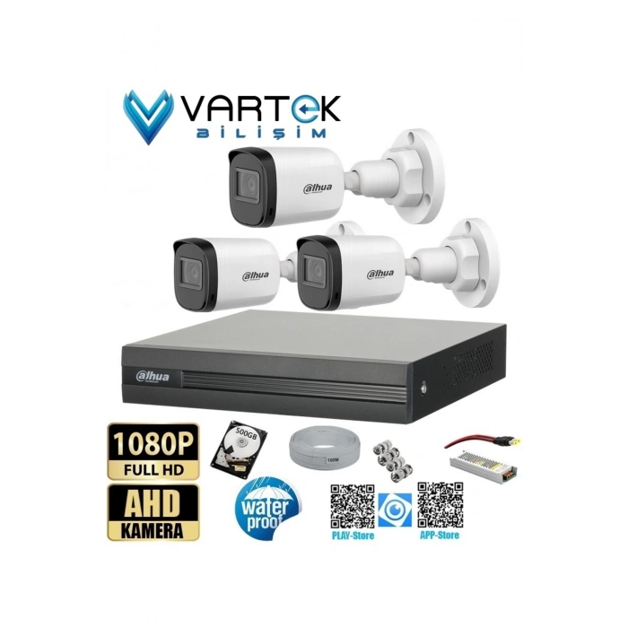 3 Kameralı Full HD 1080P AHD Kayıt Seti + 500GB Hard Disk – İç Dış Mekan Uyumlu