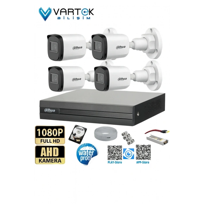 4 Kameralı Full HD 1080P AHD Kayıt Seti + 500GB Hard Disk – İç Dış Mekan Uyumlu