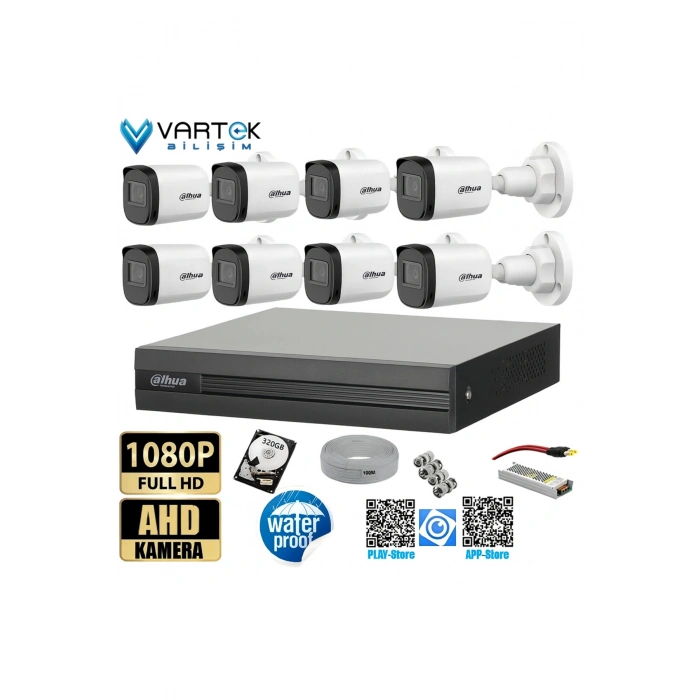 8 Kameralı Full HD 1080P AHD Kayıt Seti + 320GB Hard Disk – İç Dış Mekan Uyumlu