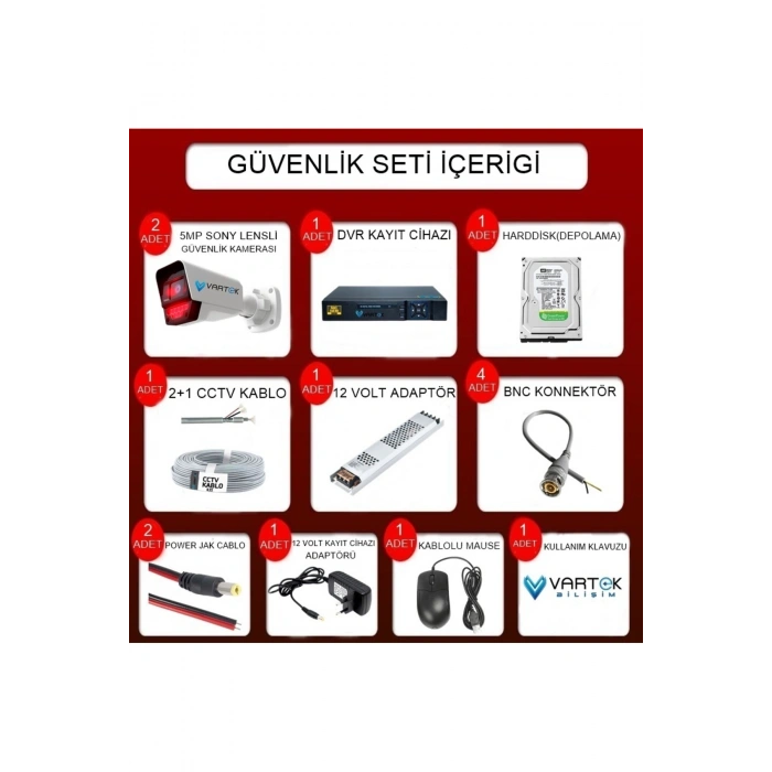 2 Kameralı AHD Full HD 9 LED 5MP Kamera Seti - 500GB HDD Dahil Gece (Siyah-Beyaz) Görüş