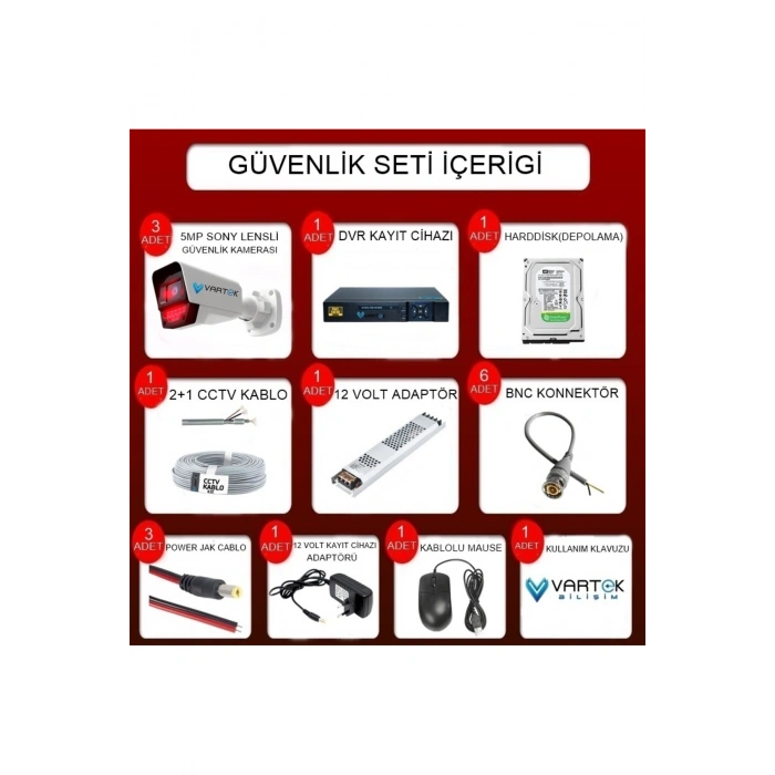 3 Kameralı AHD Full HD 9 LED 5MP Kamera Seti - 320GB HDD Dahil Gece (Siyah-Beyaz) Görüş