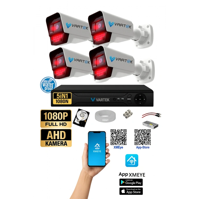 4 Kameralı AHD Full HD 9 LED 5MP Kamera Seti - 250GB HDD Dahil Gece (Siyah-Beyaz) Görüş