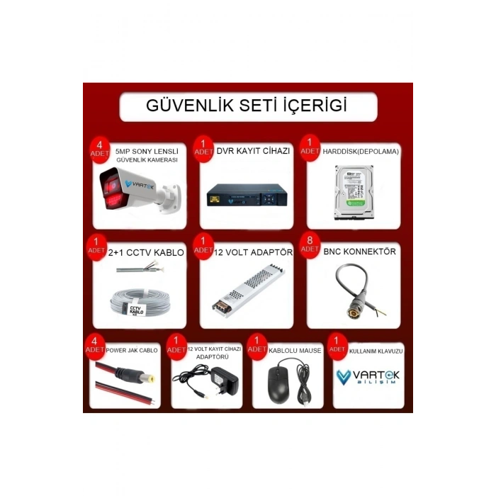 4 Kameralı AHD Full HD 9 LED 5MP Kamera Seti - 500GB HDD Dahil Gece (Siyah-Beyaz) Görüş