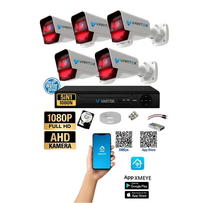 5 Kameralı AHD Full HD 9 LED 5MP Kamera Seti - 500GB HDD Dahil Gece (Siyah-Beyaz) Görüş