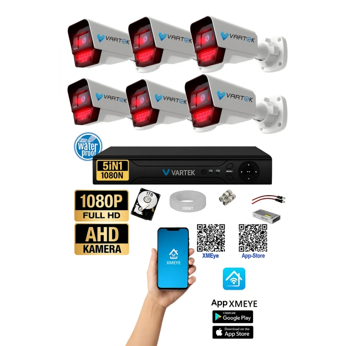 6 Kameralı AHD Full HD 9 LED 5MP Kamera Seti - 500GB HDD Dahil Gece (Siyah-Beyaz) Görüş