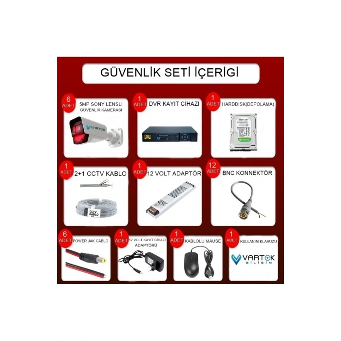 6 Kameralı AHD Full HD 9 LED 5MP Kamera Seti - 500GB HDD Dahil Gece (Siyah-Beyaz) Görüş