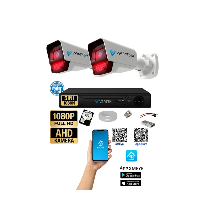 2 Kameralı AHD Full HD 9 LED 5MP Kamera Seti - 320GB HDD Dahil Gece (Siyah-Beyaz) Görüş