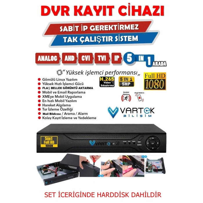 2 Kameralı AHD Full HD 9 LED 5MP Kamera Seti - 320GB HDD Dahil Gece (Siyah-Beyaz) Görüş