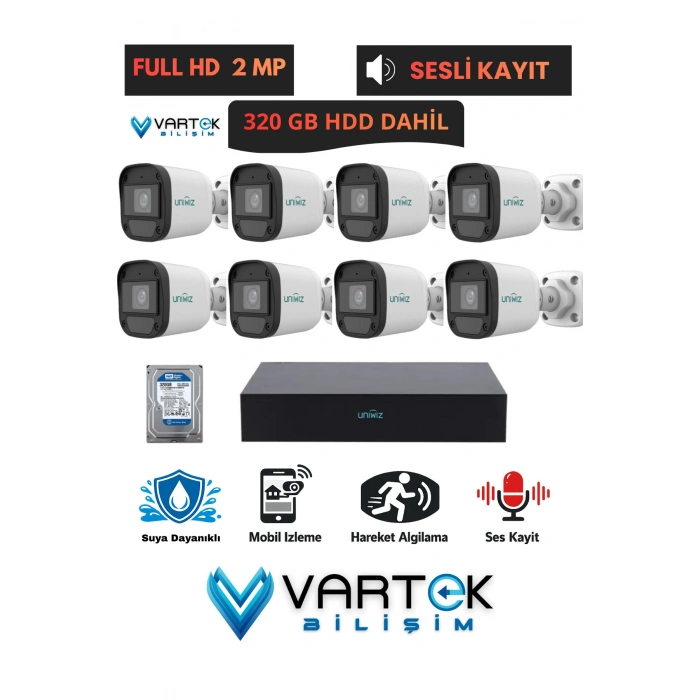 8 Kameralı Full HD 1080P AHD Kamera Seti + 320 GB Hard Diskli (Sesli Kayıt) Özelliği