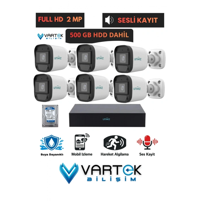 6 Kameralı Full HD 1080P AHD Kamera Seti + 500 GB Hard Diskli (Sesli Kayıt) Özelliği