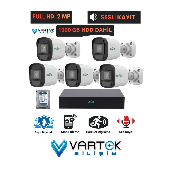 5 Kameralı Full HD 1080P AHD Kamera Seti + 1000GB Hard Diskli (Sesli Kayıt) Özelliği