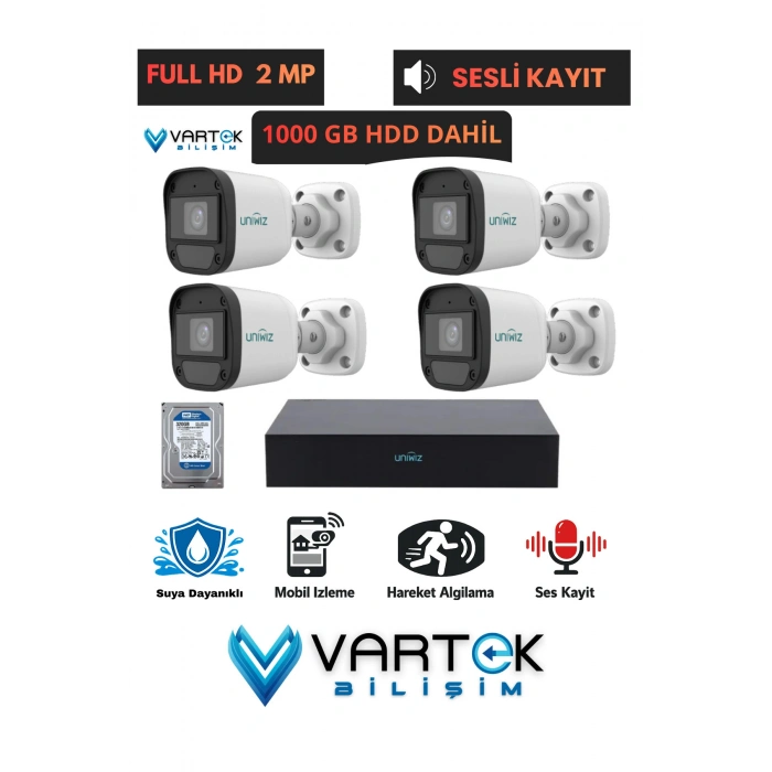 4 Kameralı Full HD 1080P AHD Kamera Seti + 1000GB Hard Diskli (Sesli Kayıt) Özelliği