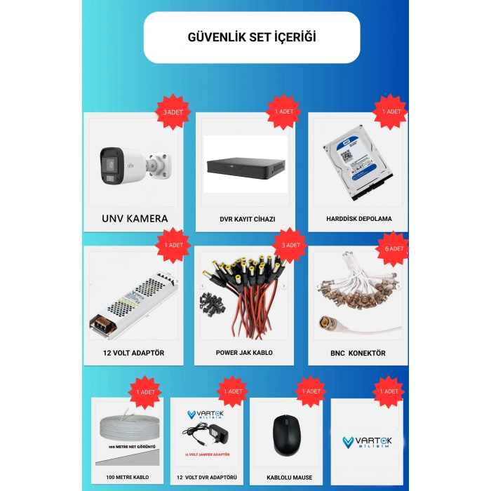 3 Kameralı Full HD 1080P AHD Kamera Seti + 250GB Hard Diskli (Sesli Kayıt) Özelliği