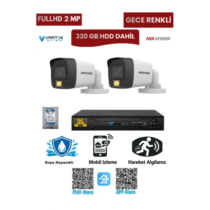 2 Kameralı Güvenlik Kamera Seti 2MP 1080P Gece Renkli Tak Çalıştır Hazır Sistem + 320 GB HDD