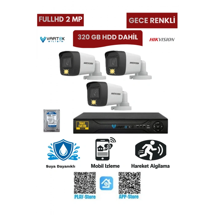 3 Kameralı Güvenlik Kamera Seti 2MP 1080P Gece Renkli Tak Çalıştır Hazır Sistem + 320 GB HDD