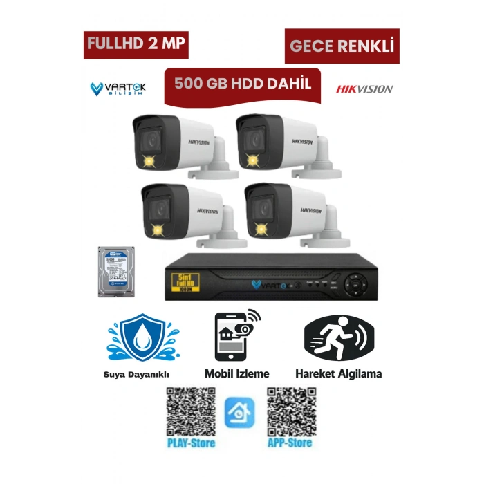 4 Kameralı Güvenlik Kamera Seti 2MP 1080P Gece Renkli Tak Çalıştır Hazır Sistem + 500 GB HDD