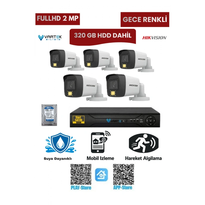 5 Kameralı Güvenlik Kamera Seti 2MP 1080P Gece Renkli Tak Çalıştır Hazır Sistem + 320 GB HDD