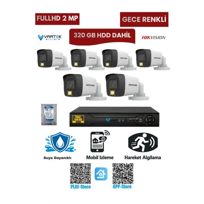 6 Kameralı Güvenlik Kamera Seti 2MP 1080P Gece Renkli Tak Çalıştır Hazır Sistem + 320 GB HDD