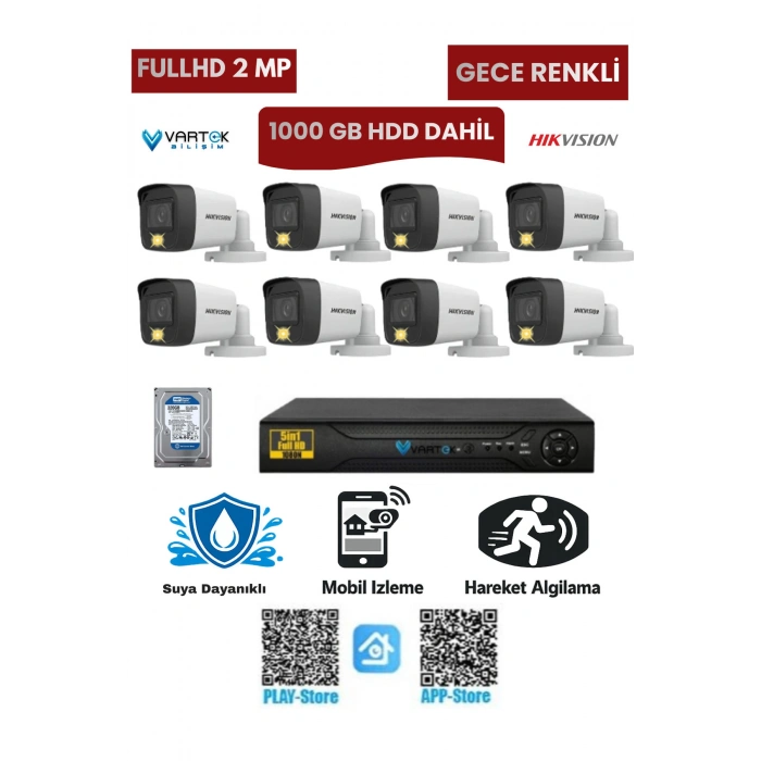 8 Kameralı Güvenlik Kamera Seti 2MP 1080P Gece Renkli Tak Çalıştır Hazır Sistem + 1000 GB HDD