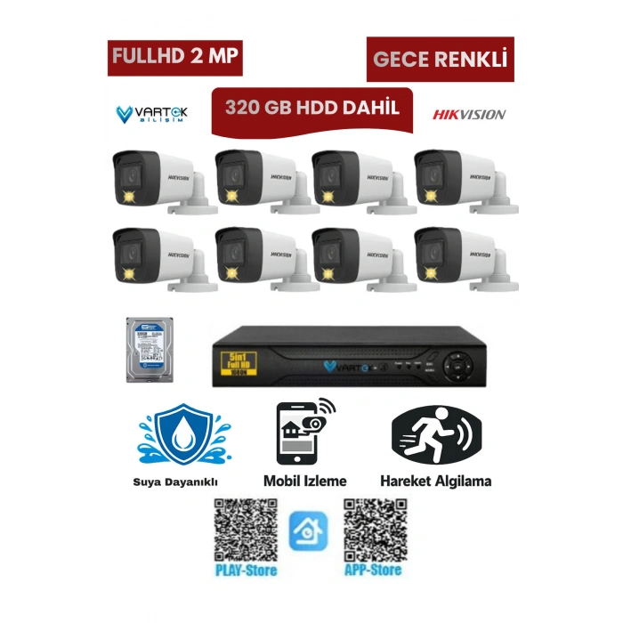 8 Kameralı Güvenlik Kamera Seti 2MP 1080P Gece Renkli Tak Çalıştır Hazır Sistem + 320 GB HDD