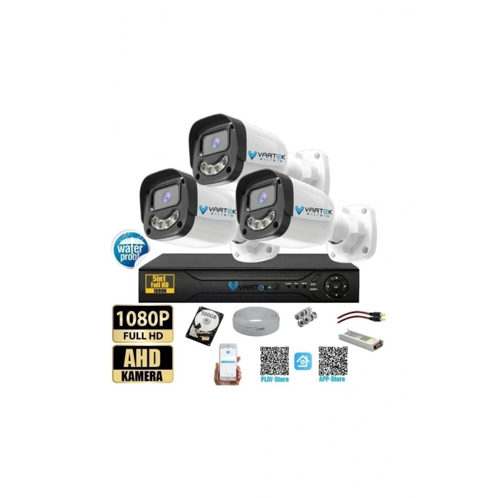 3 Kameralı Full HD Güvenlik Kamera Seti 500 GB HDD 5MP Gece (Renkli) Görüşlü - Sabit IP Gerektirmez